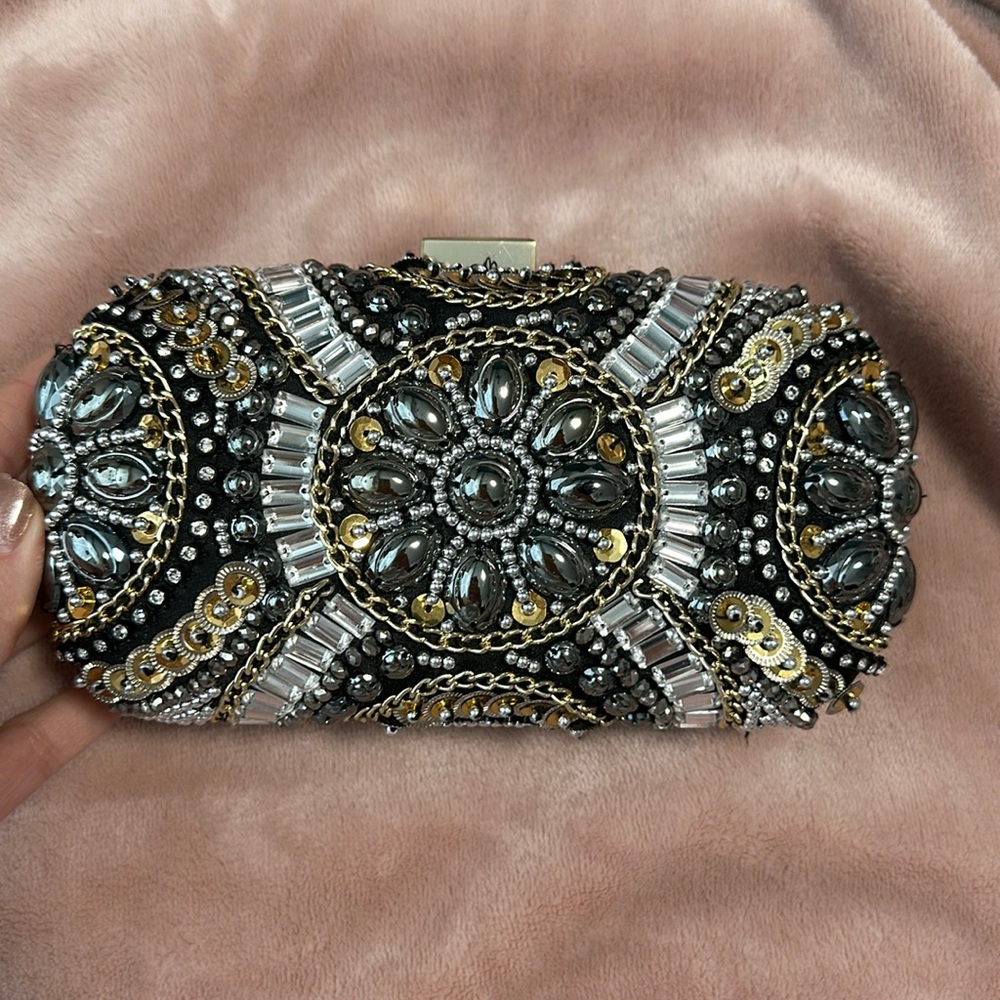 Black Beaded Embellished Clutch with Gold & Silver Accents